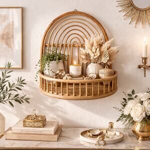 Vintage Rattan Shelf Boho Glam Hollywood Regency Basket Shelf Wicker Wall Decor